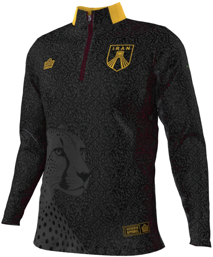 Black Vatan quarter-zip with Persian pattern, cheetah graphic, and gold trim